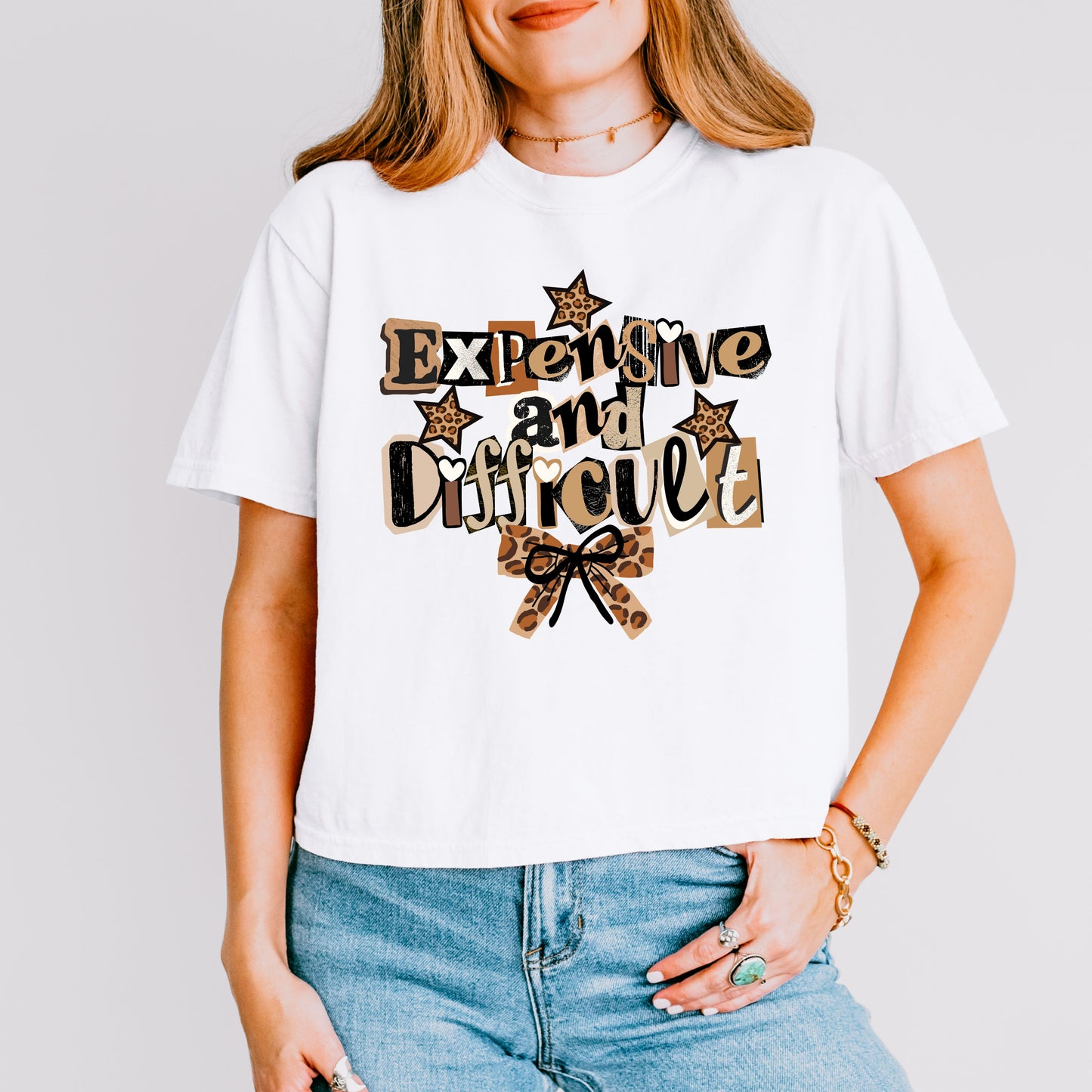 Expensive and Difficult Crop Top, Bold Leopard Statement Graphic Tee for Women