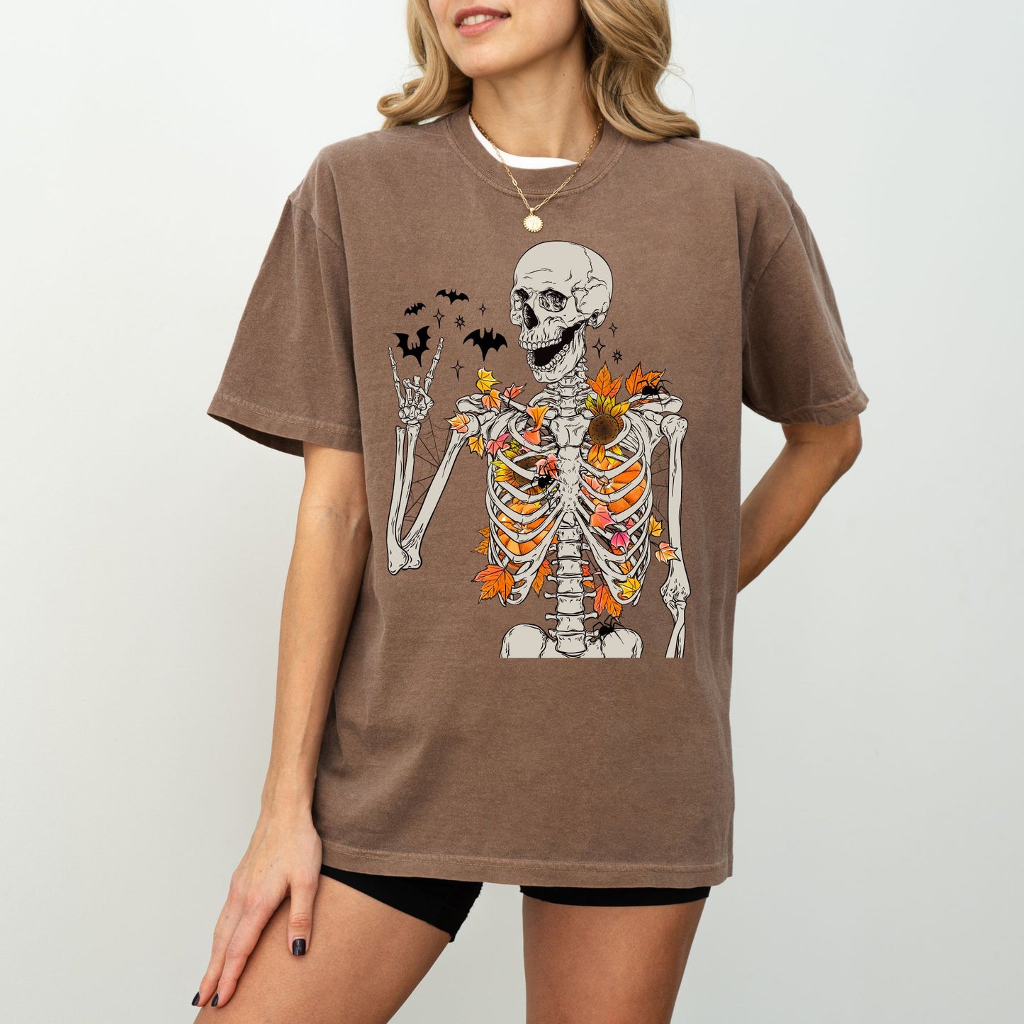 Fall Skeleton T-Shirt – Autumn Leaves Spooky Halloween Graphic Tee