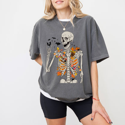 Fall Skeleton T-Shirt – Autumn Leaves Spooky Halloween Graphic Tee