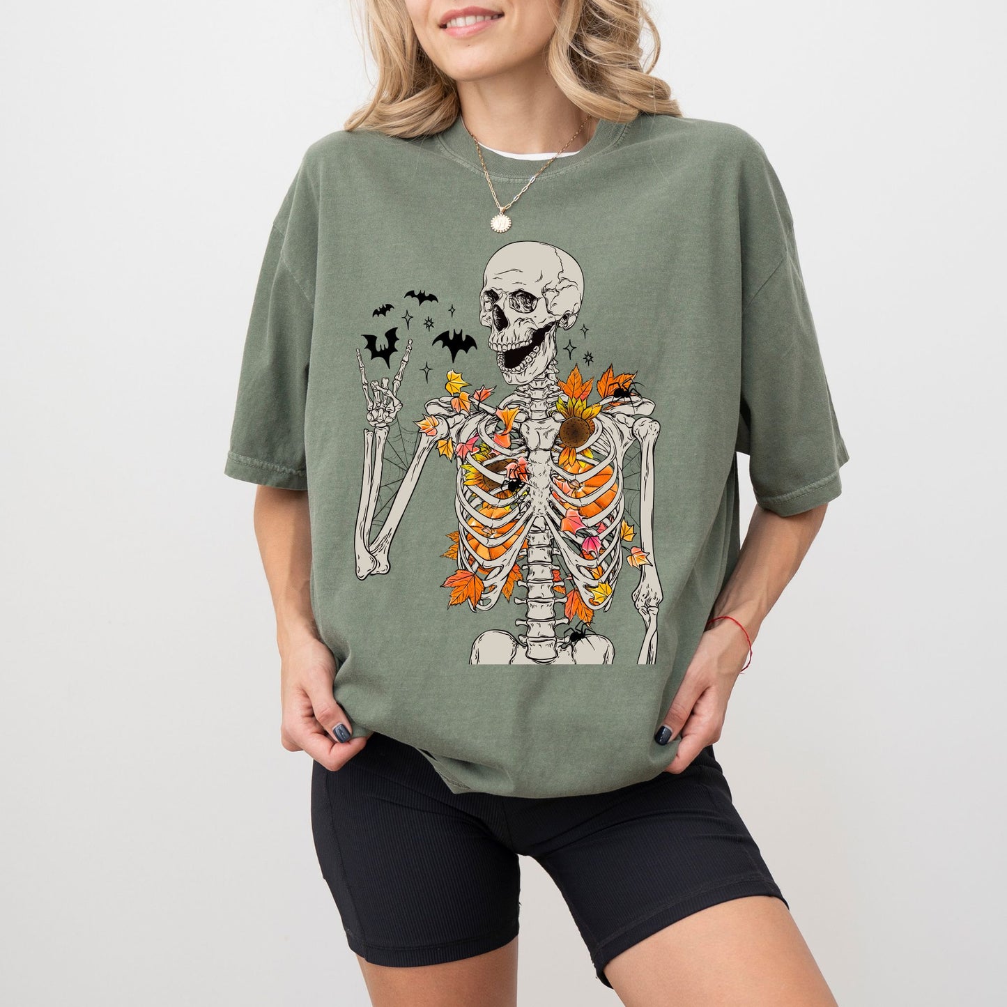 Fall Skeleton T-Shirt – Autumn Leaves Spooky Halloween Graphic Tee
