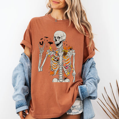 Fall Skeleton T-Shirt – Autumn Leaves Spooky Halloween Graphic Tee