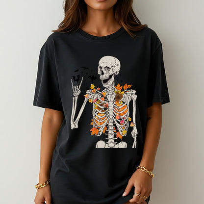 Fall Skeleton T-Shirt – Autumn Leaves Spooky Halloween Graphic Tee
