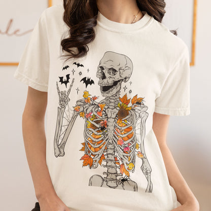 Fall Skeleton T-Shirt – Autumn Leaves Spooky Halloween Graphic Tee