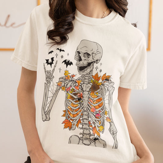 Fall Skeleton T-Shirt – Autumn Leaves Spooky Halloween Graphic Tee