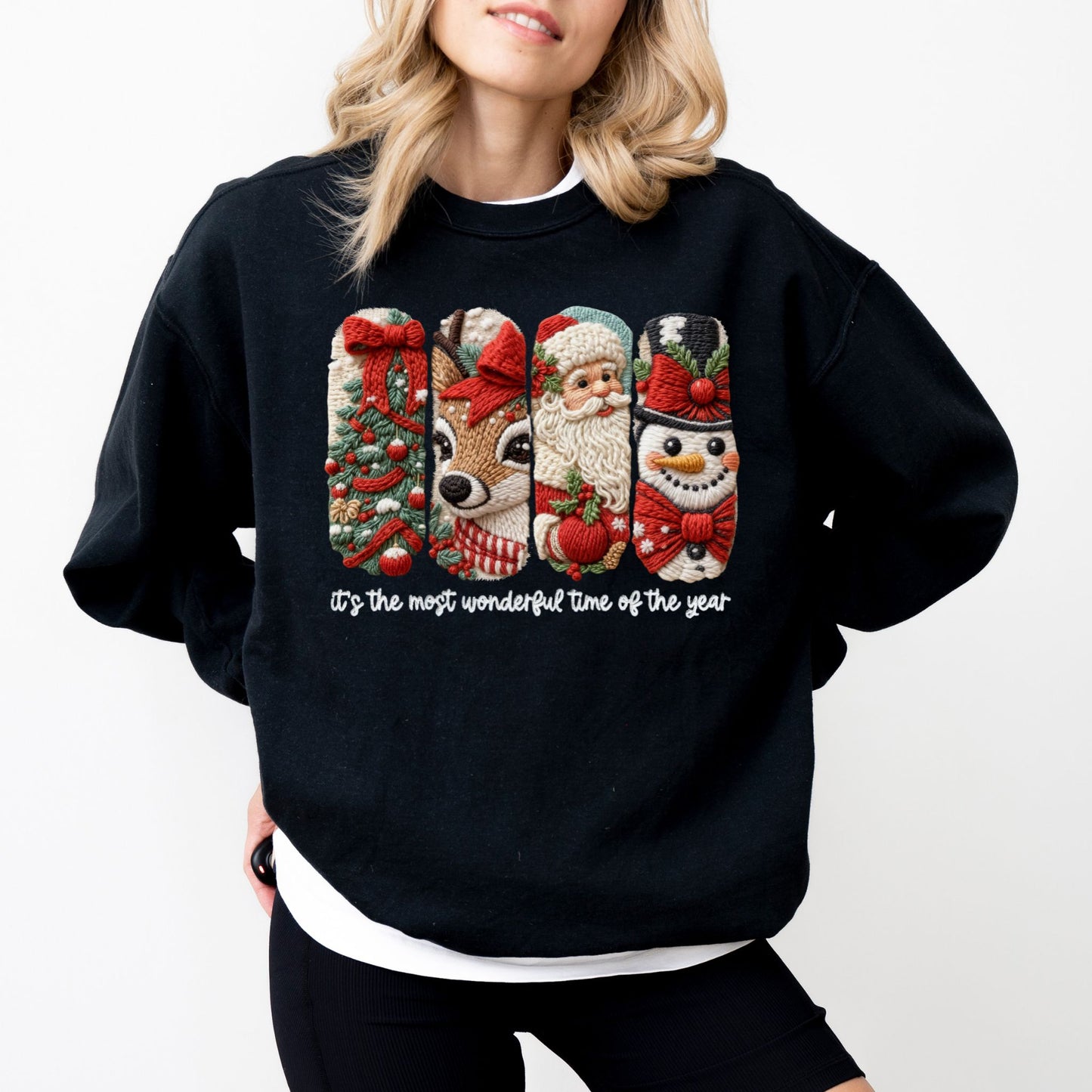 Faux Yarn Christmas Characters Sweatshirt – Cozy Holiday Graphic Pullover