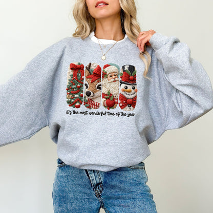 Faux Yarn Christmas Characters Sweatshirt – Cozy Holiday Graphic Pullover