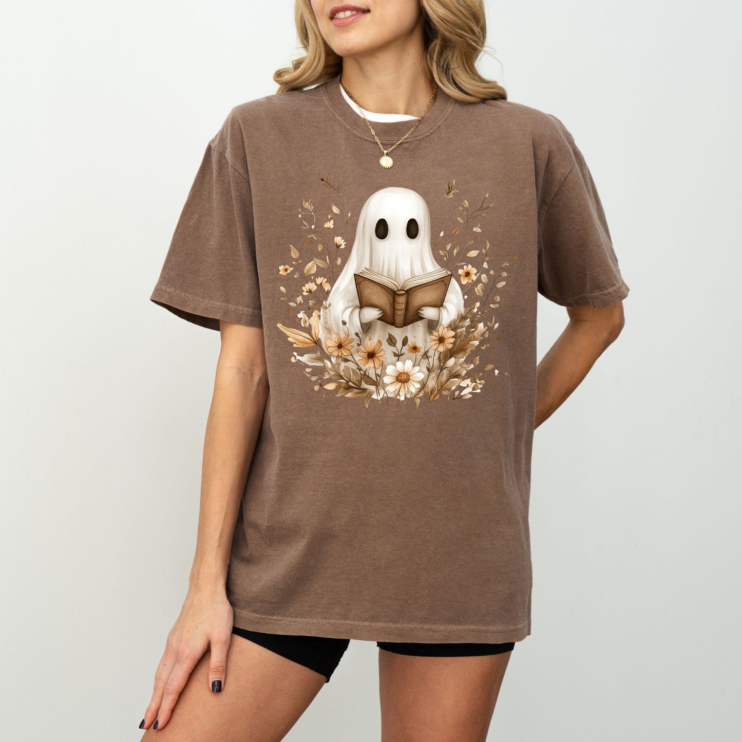 Reading Ghost T-Shirt – Vintage Floral Cute Halloween Graphic Tee
