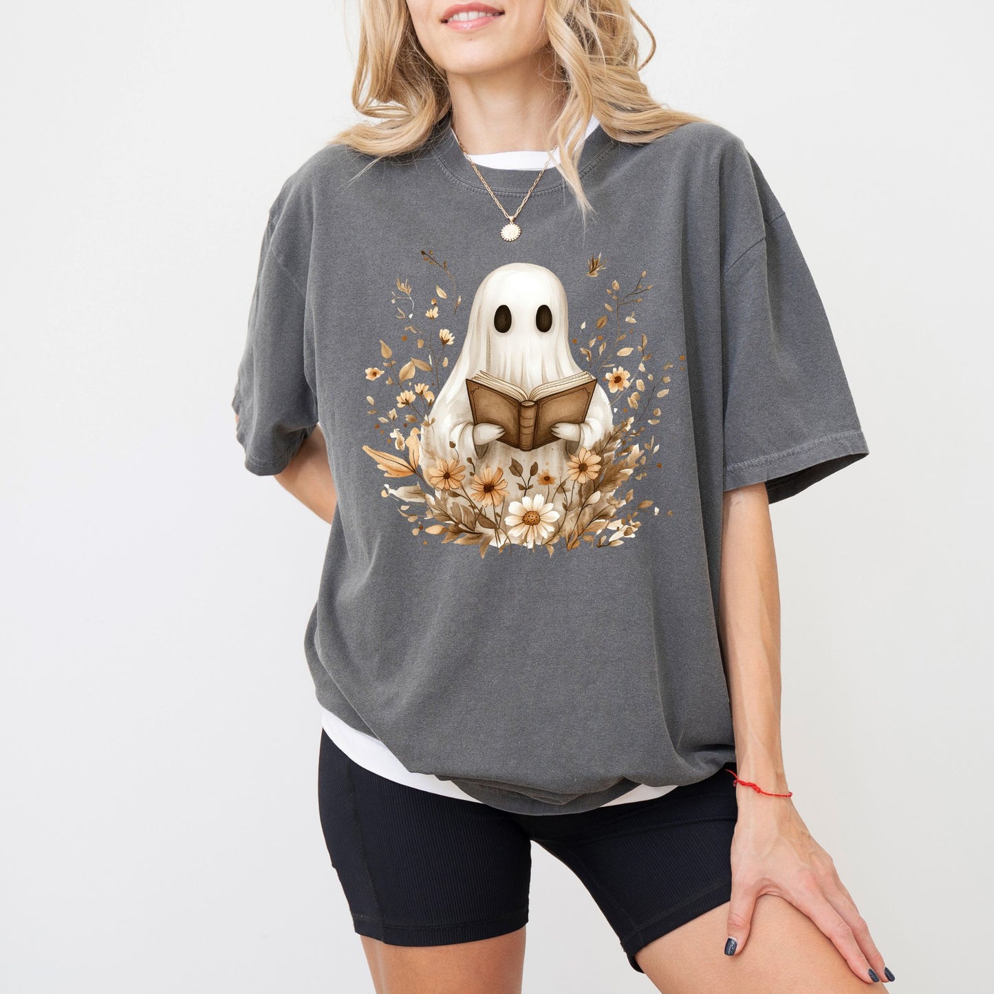 Reading Ghost T-Shirt – Vintage Floral Cute Halloween Graphic Tee