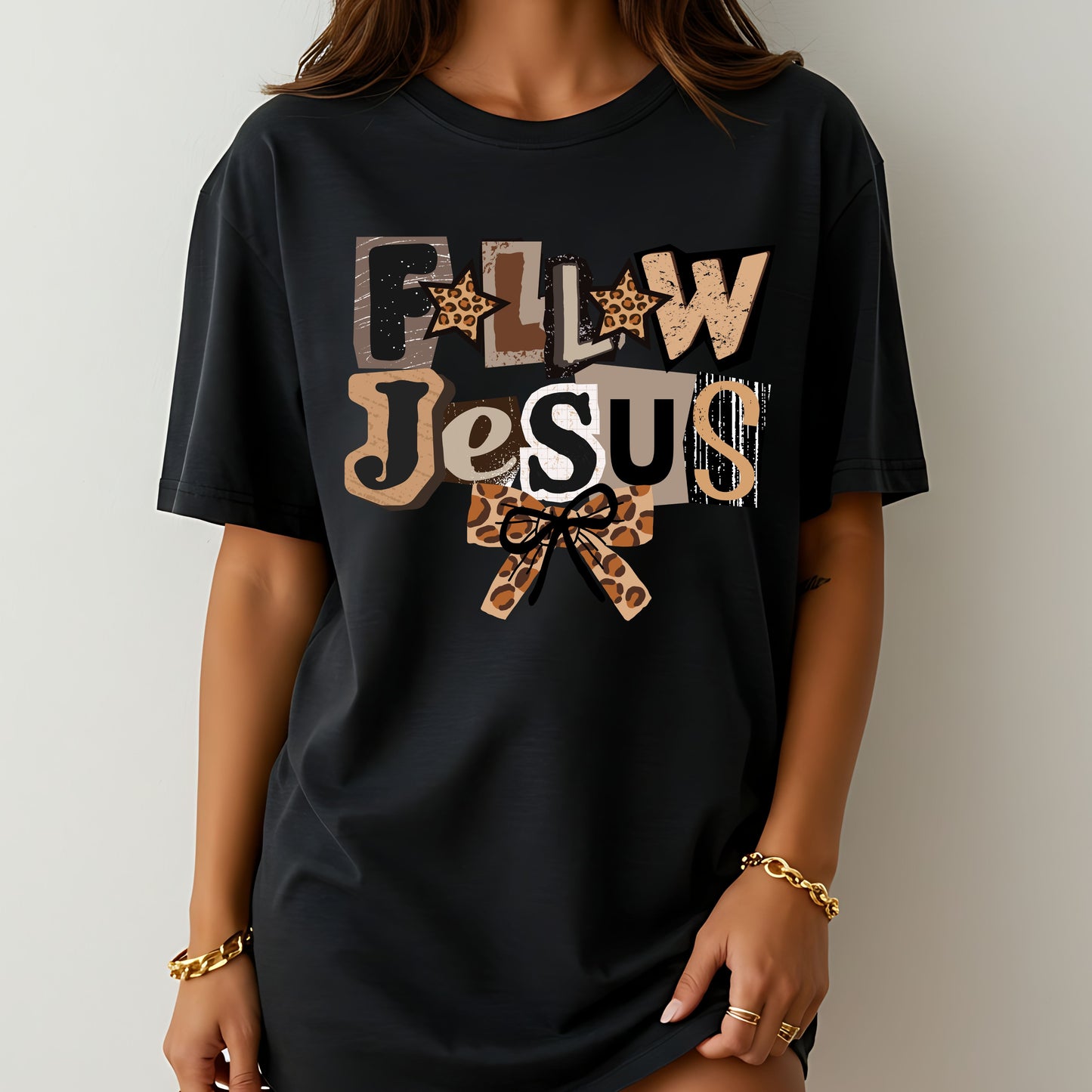 Follow Jesus Leopard Graphic T-Shirt – Faith Based Christian Tee
