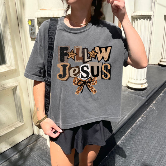 Follow Jesus Leopard Bow Crop Top, Faith-Based Christian Graphic Tee for Women