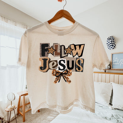 Follow Jesus Leopard Bow Crop Top, Faith-Based Christian Graphic Tee for Women