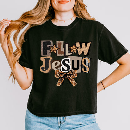 Follow Jesus Leopard Bow Crop Top, Faith-Based Christian Graphic Tee for Women