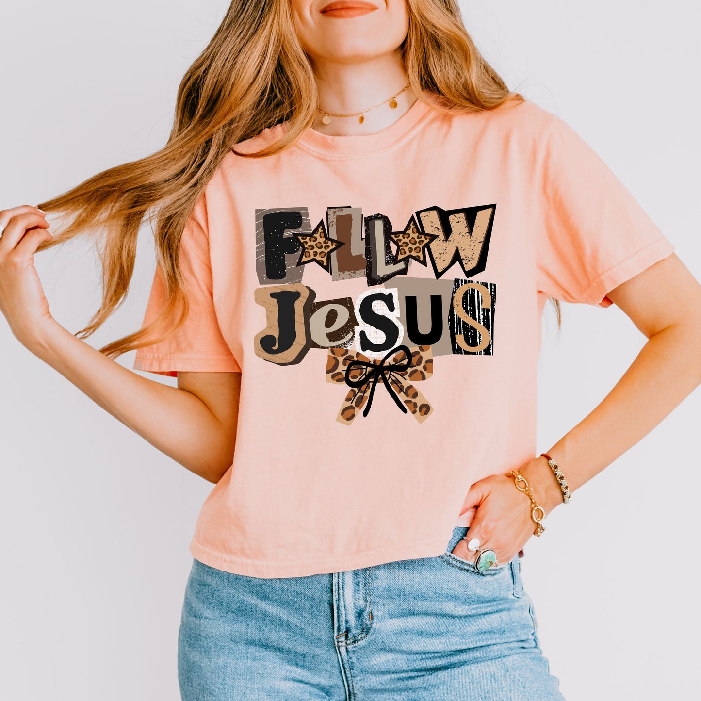 Follow Jesus Leopard Bow Crop Top, Faith-Based Christian Graphic Tee for Women