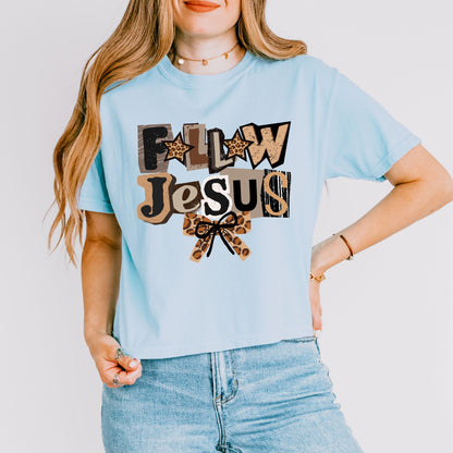 Follow Jesus Leopard Bow Crop Top, Faith-Based Christian Graphic Tee for Women