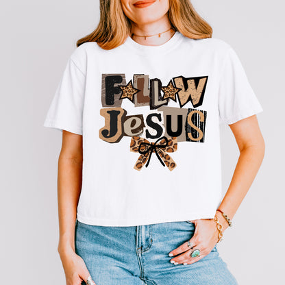 Follow Jesus Leopard Bow Crop Top, Faith-Based Christian Graphic Tee for Women