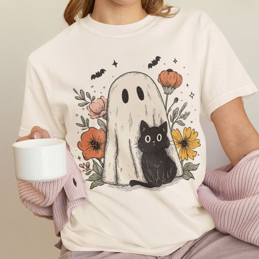 Ghost & Black Cat T-Shirt – Spooky Cute Floral Graphic on Comfort Colors® Tee