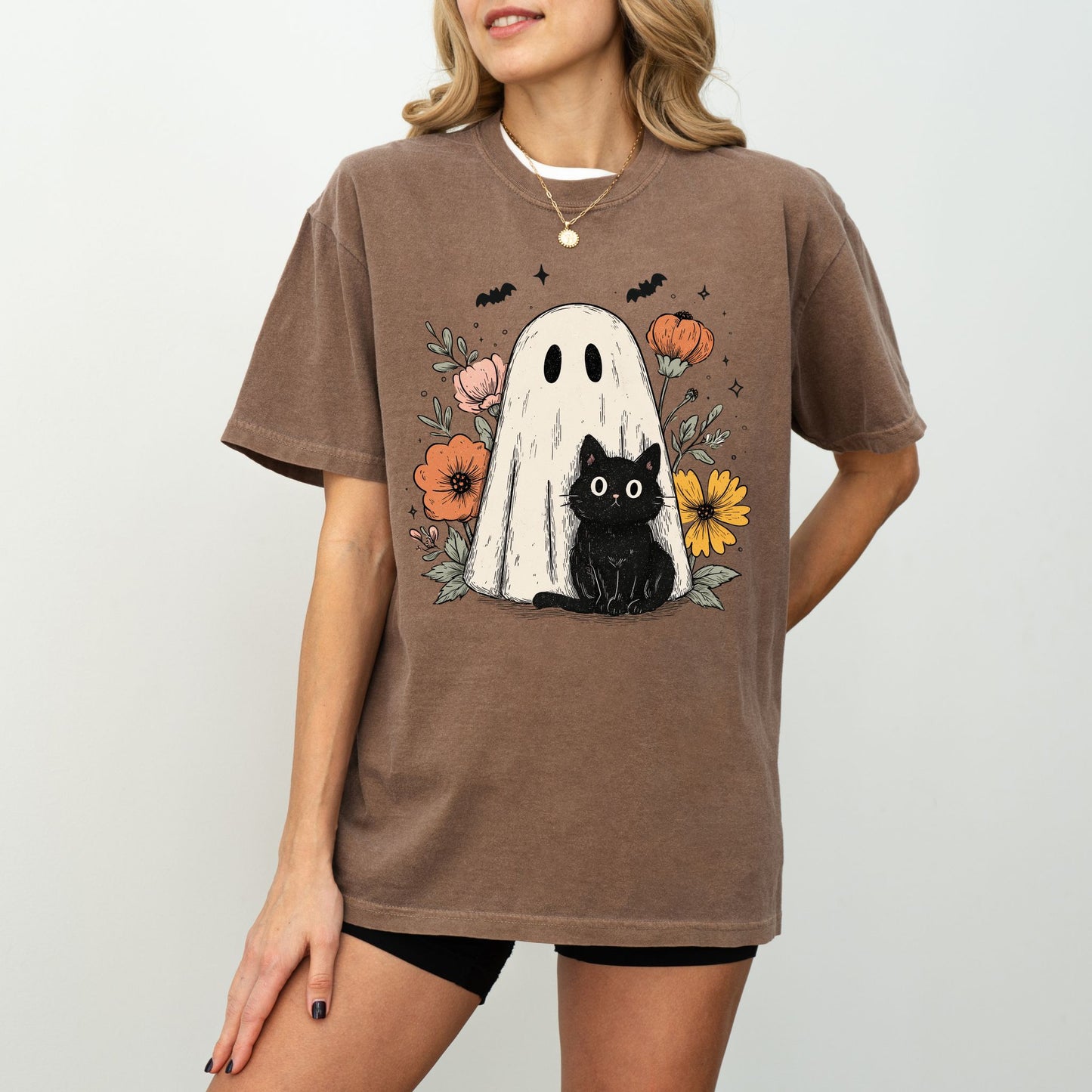 Ghost & Black Cat T-Shirt – Spooky Cute Floral Graphic on Comfort Colors® Tee