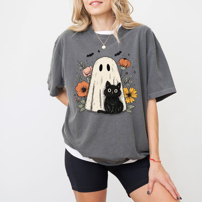 Ghost & Black Cat T-Shirt – Spooky Cute Floral Graphic on Comfort Colors® Tee