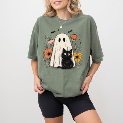 Ghost & Black Cat T-Shirt – Spooky Cute Floral Graphic on Comfort Colors® Tee