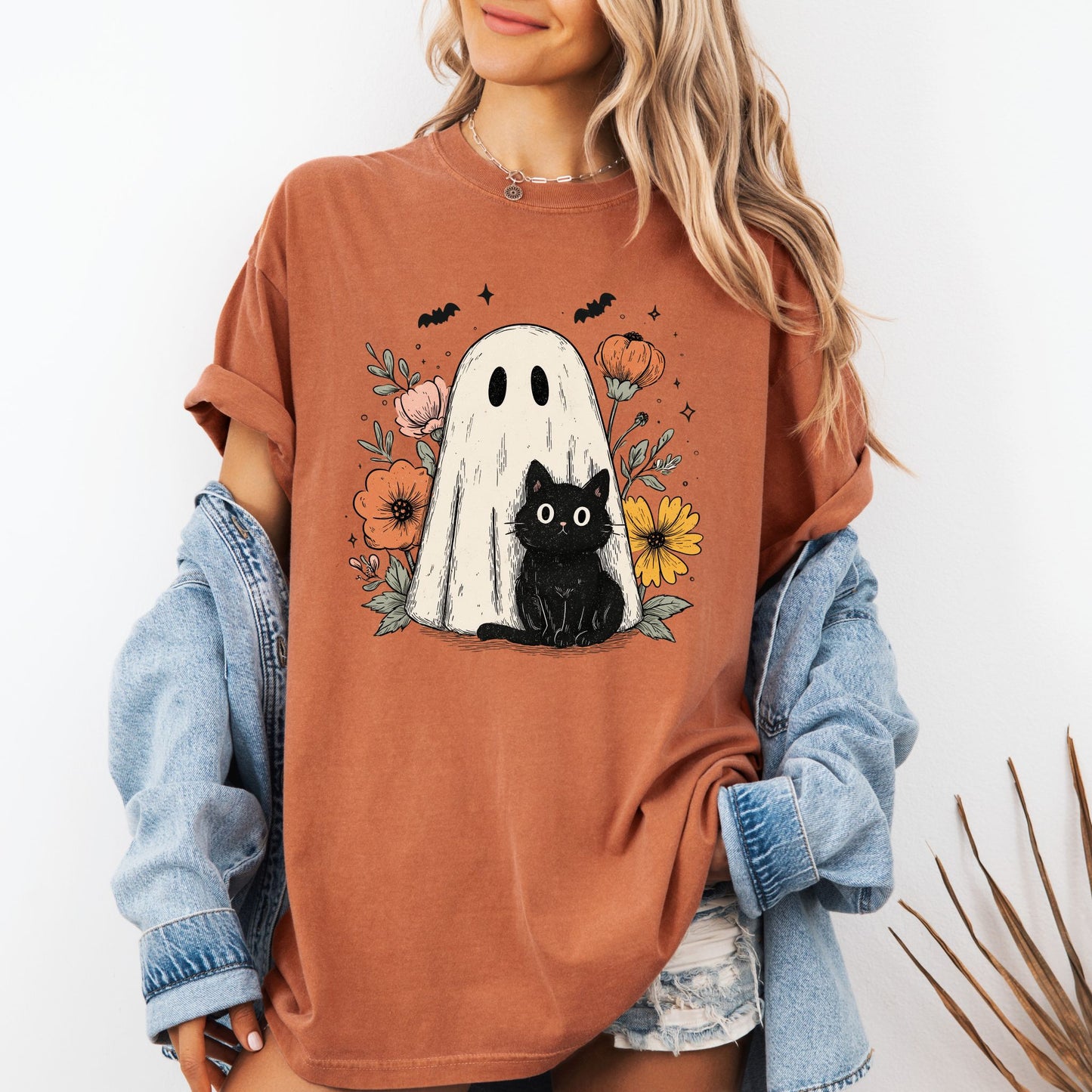 Ghost & Black Cat T-Shirt – Spooky Cute Floral Graphic on Comfort Colors® Tee