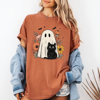 Ghost & Black Cat T-Shirt – Spooky Cute Floral Graphic on Comfort Colors® Tee