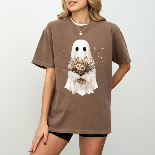 Bouquet Ghost T-Shirt – Neutral Floral Spooky Cute Graphic on Comfort Colors® Tee