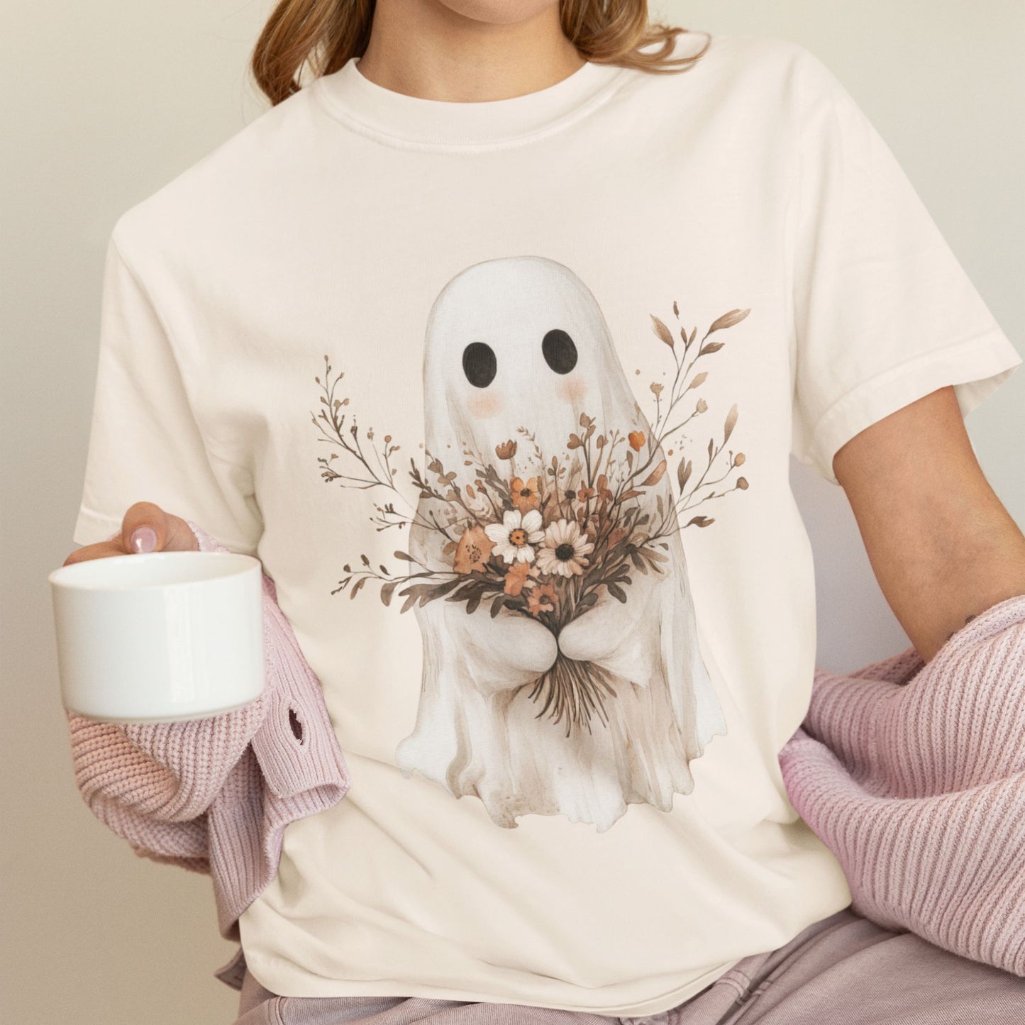 Bouquet Ghost T-Shirt – Neutral Floral Spooky Cute Graphic on Comfort Colors® Tee