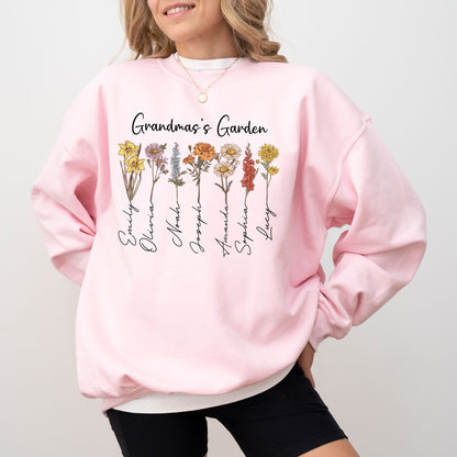 Custom Grandma’s Garden Sweatshirt | Personalized Grandkids Name Flower Crewneck