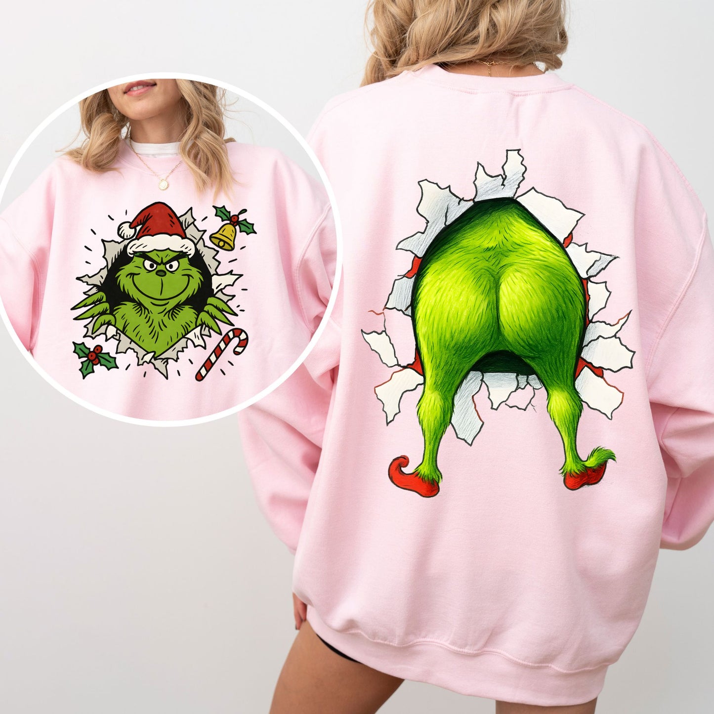 Grinch Back Print Christmas Sweatshirt – Funny Holiday Crewneck