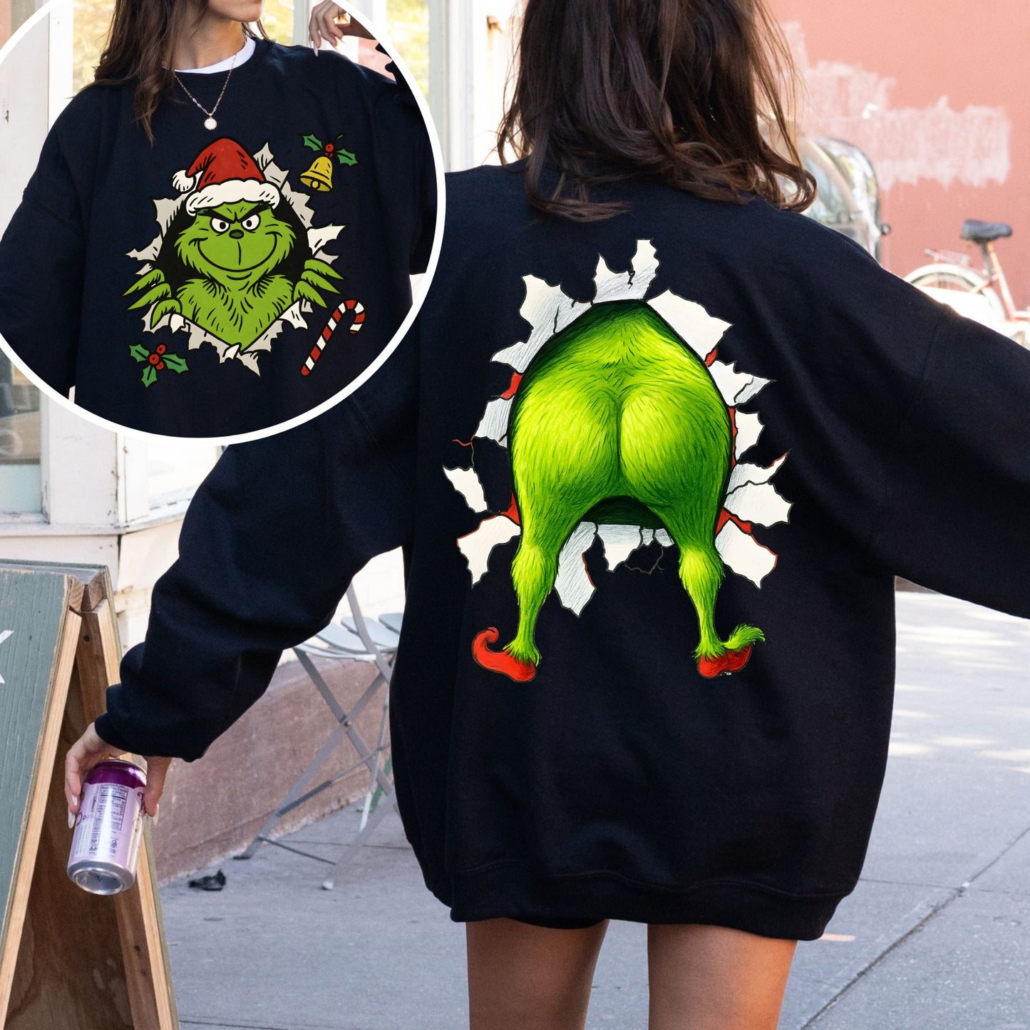 Grinch Back Print Christmas Sweatshirt – Funny Holiday Crewneck