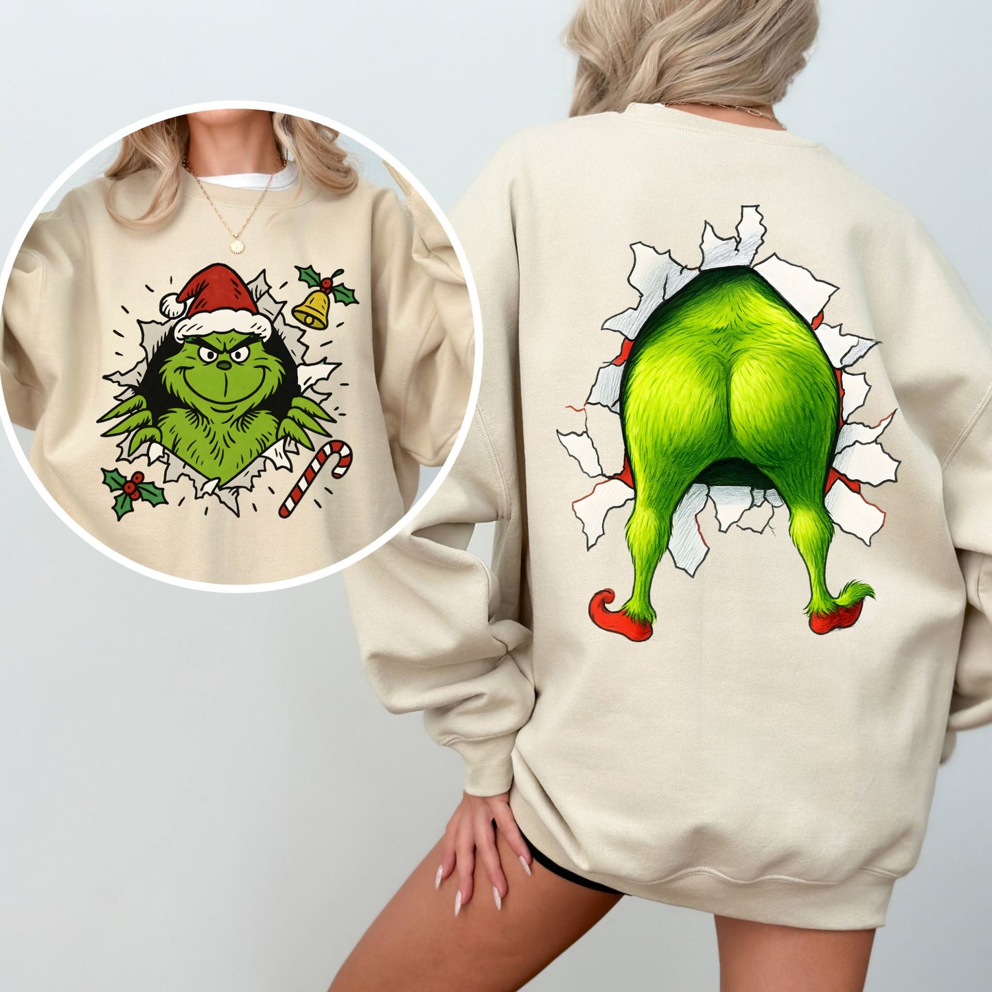 Grinch Back Print Christmas Sweatshirt – Funny Holiday Crewneck
