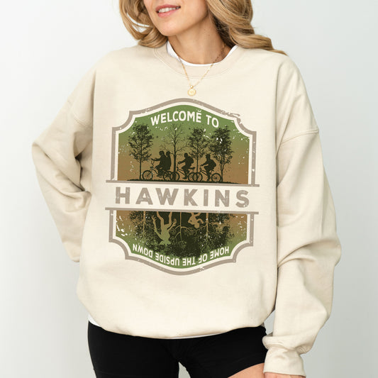 Welcome to Hawkins Indiana Sweatshirt, Stranger Things The Upside Down Retro Pullover, Fan Merch & Apparel