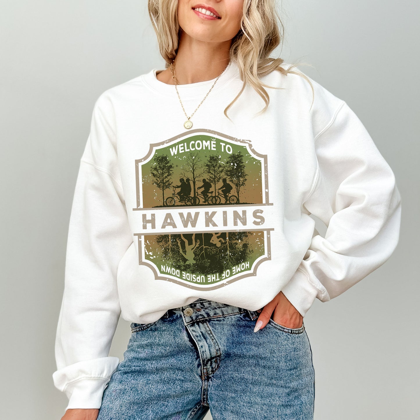 Welcome to Hawkins Indiana Sweatshirt, Stranger Things The Upside Down Retro Pullover, Fan Merch & Apparel