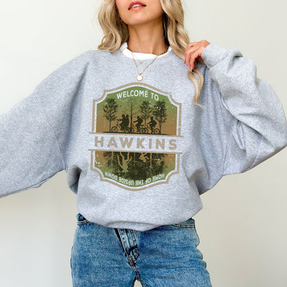 Welcome to Hawkins Indiana Sweatshirt, Stranger Things The Upside Down Retro Pullover, Fan Merch & Apparel
