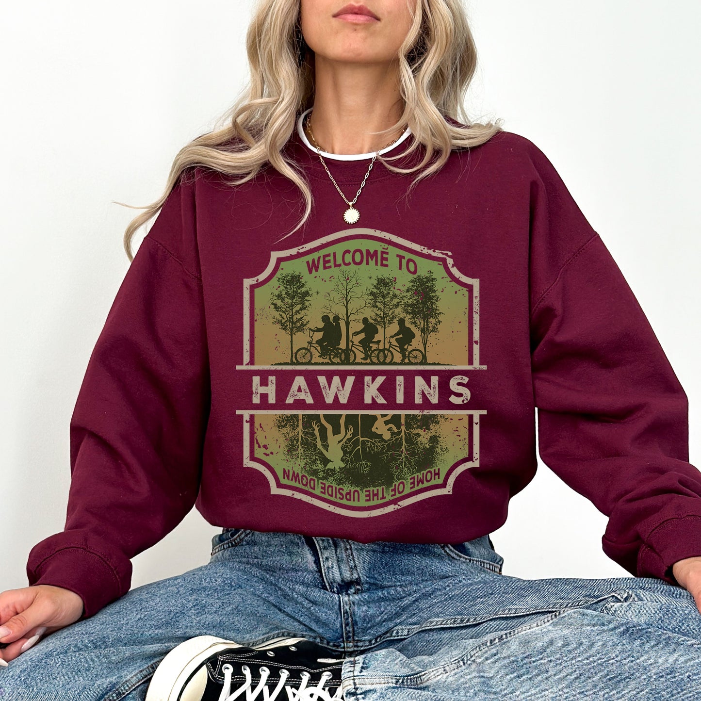 Welcome to Hawkins Indiana Sweatshirt, Stranger Things The Upside Down Retro Pullover, Fan Merch & Apparel