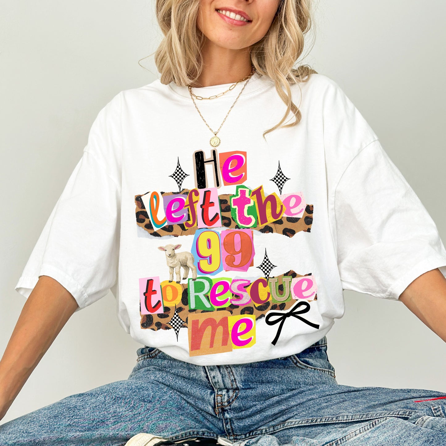 He Left The 99 To Rescue Me Christian T-Shirt, Faith-Based Bible Verse Graphic Tee for Women