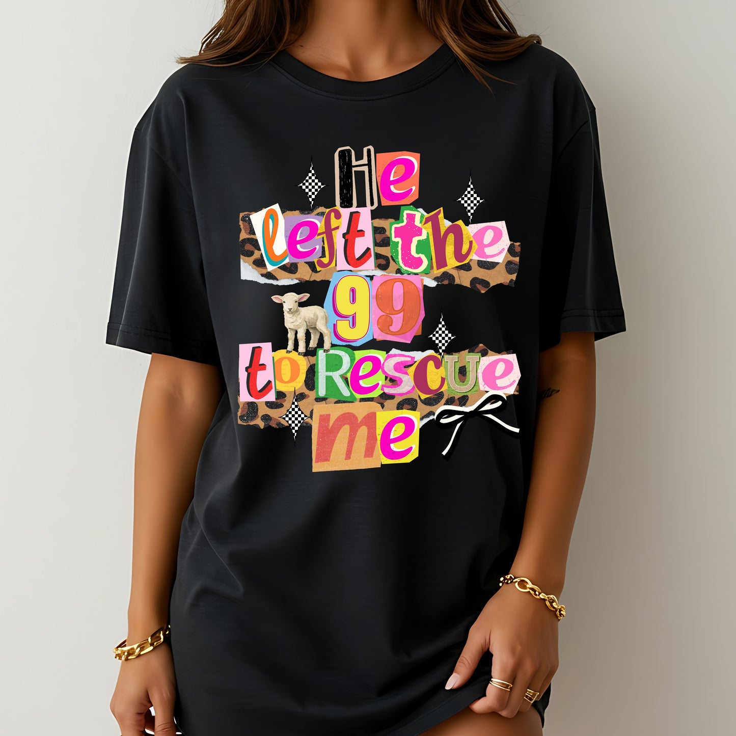 He Left The 99 To Rescue Me Christian T-Shirt, Faith-Based Bible Verse Graphic Tee for Women