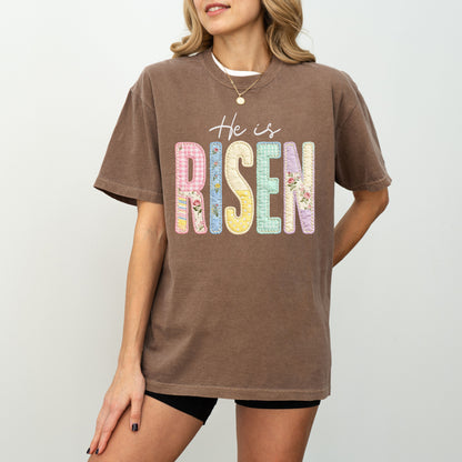He Is Risen Easter T-Shirt, Christian Patchwork Faith Tee