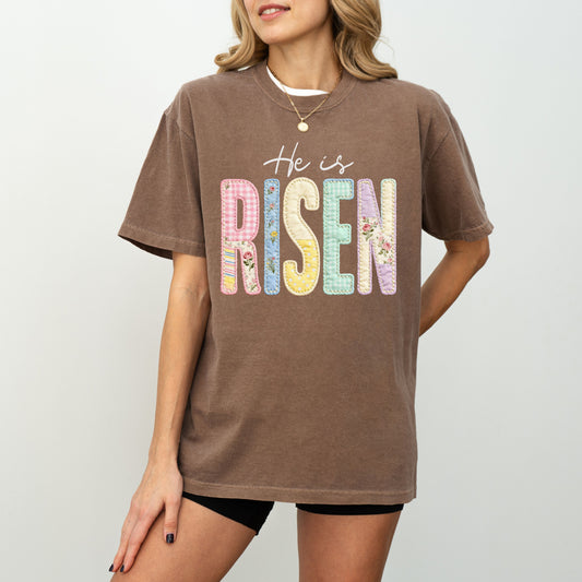 He Is Risen Easter T-Shirt, Christian Patchwork Faith Tee