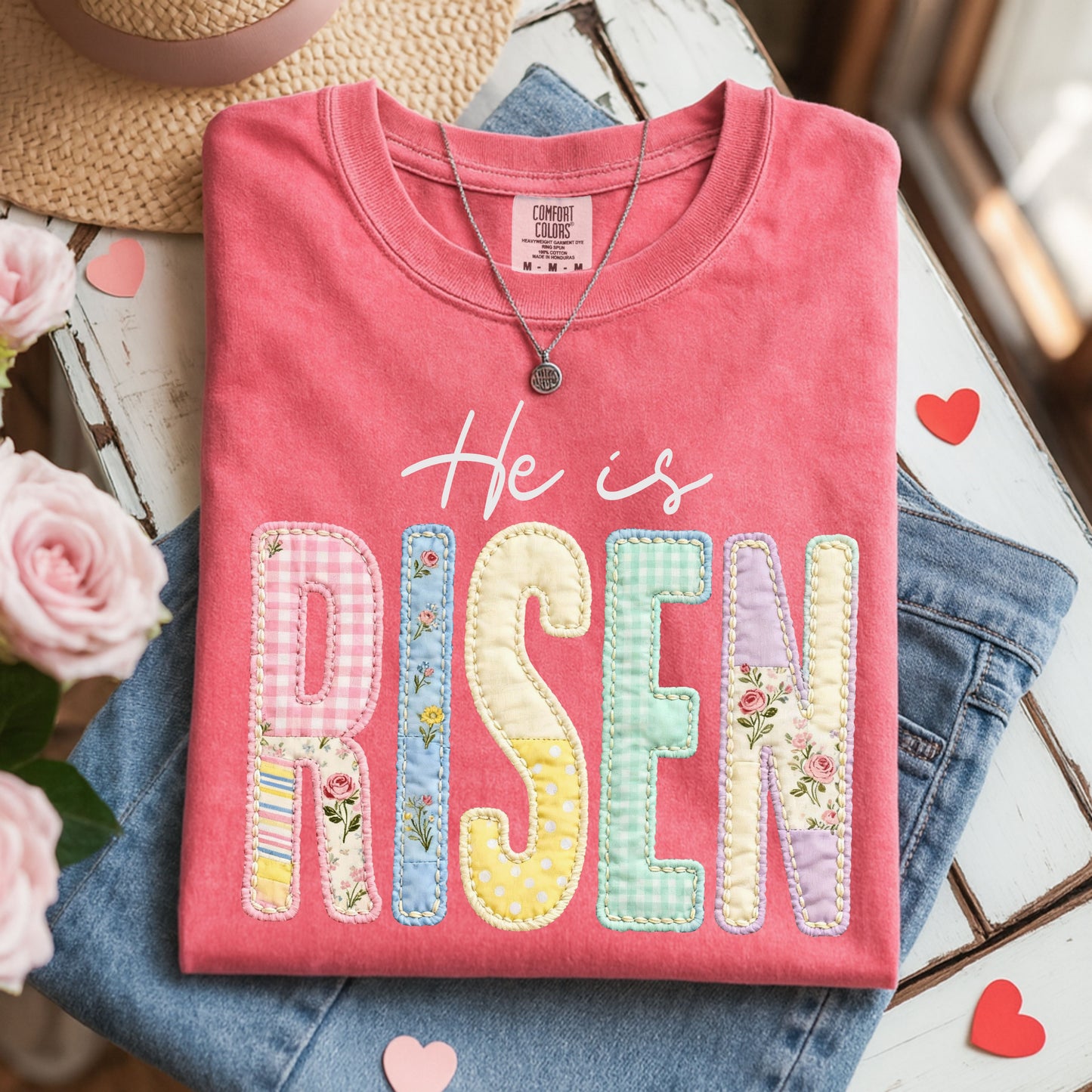 He Is Risen Easter T-Shirt, Christian Patchwork Faith Tee