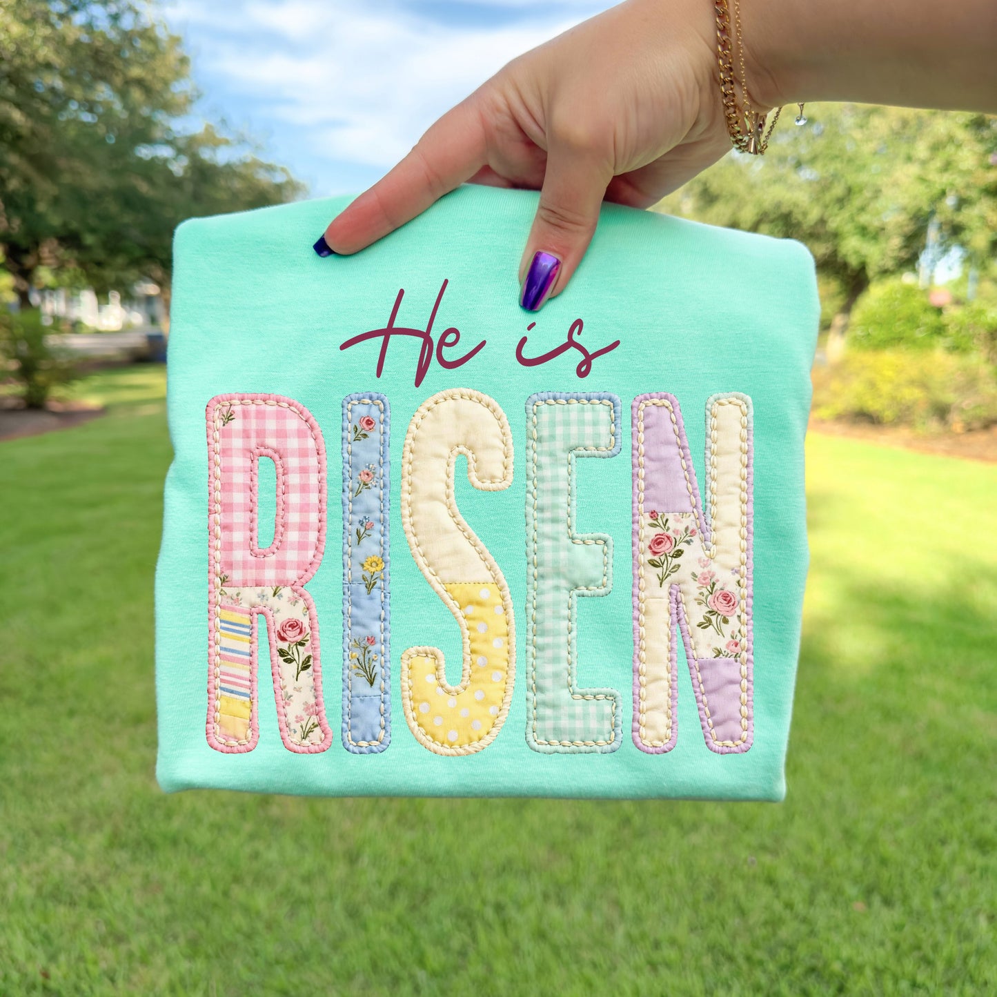 He Is Risen Easter T-Shirt, Christian Patchwork Faith Tee