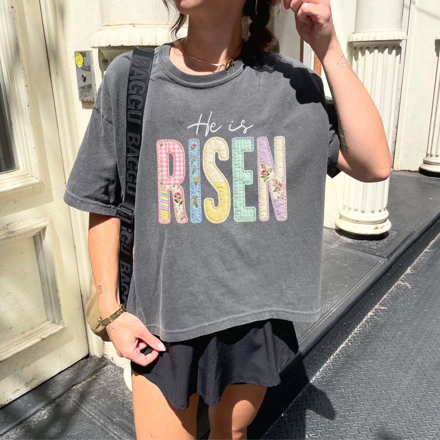 He Is Risen Easter Crop Top, Christian Patchwork Faith Crop Tee