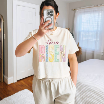 He Is Risen Easter Crop Top, Christian Patchwork Faith Crop Tee