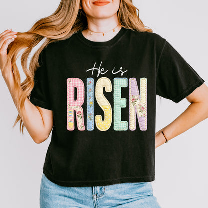He Is Risen Easter Crop Top, Christian Patchwork Faith Crop Tee