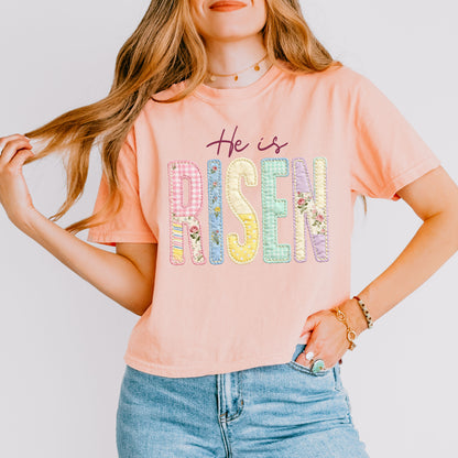 He Is Risen Easter Crop Top, Christian Patchwork Faith Crop Tee