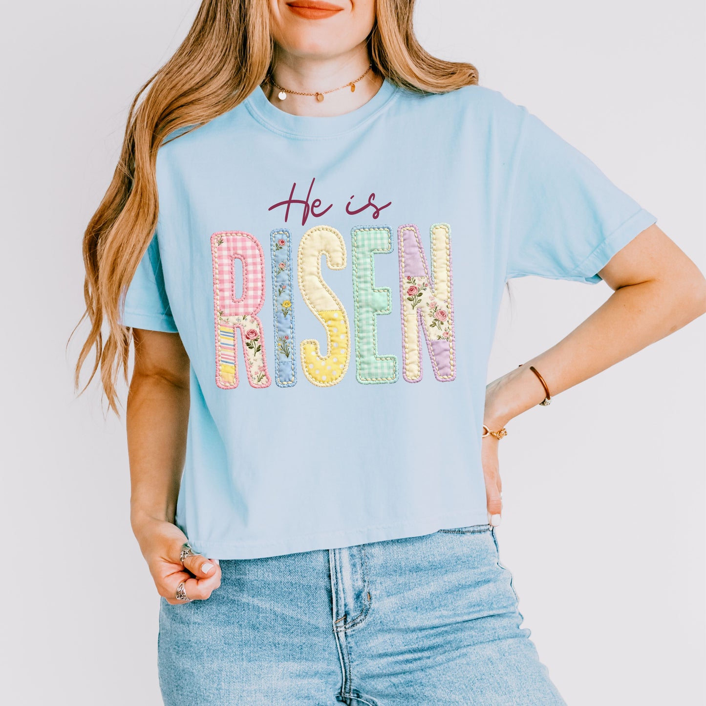 He Is Risen Easter Crop Top, Christian Patchwork Faith Crop Tee