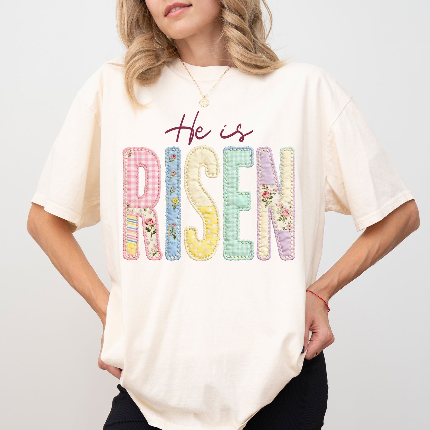 He Is Risen Easter T-Shirt, Christian Patchwork Faith Tee