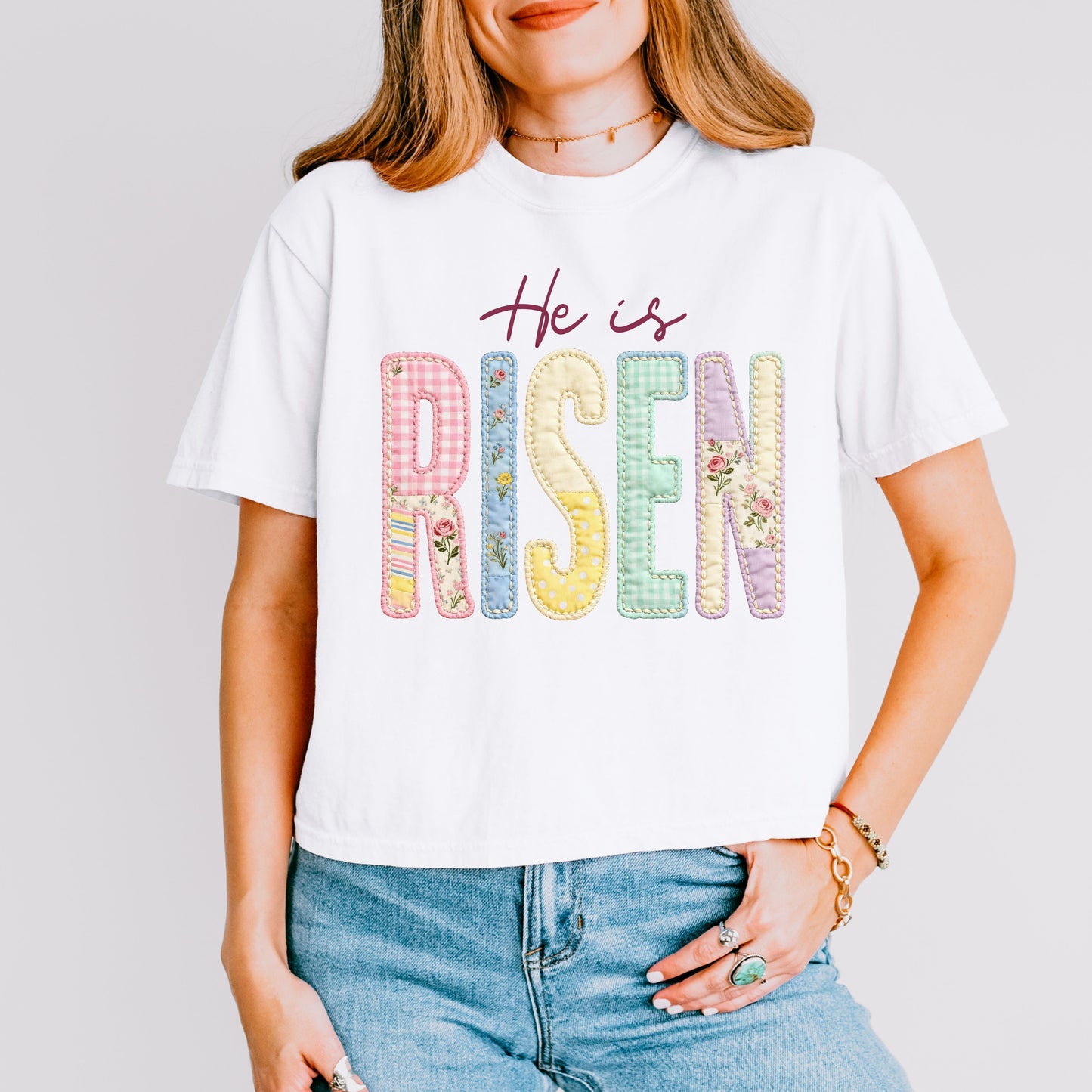 He Is Risen Easter Crop Top, Christian Patchwork Faith Crop Tee