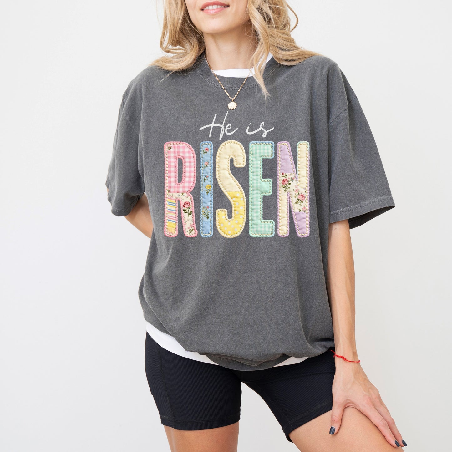 He Is Risen Easter T-Shirt, Christian Patchwork Faith Tee