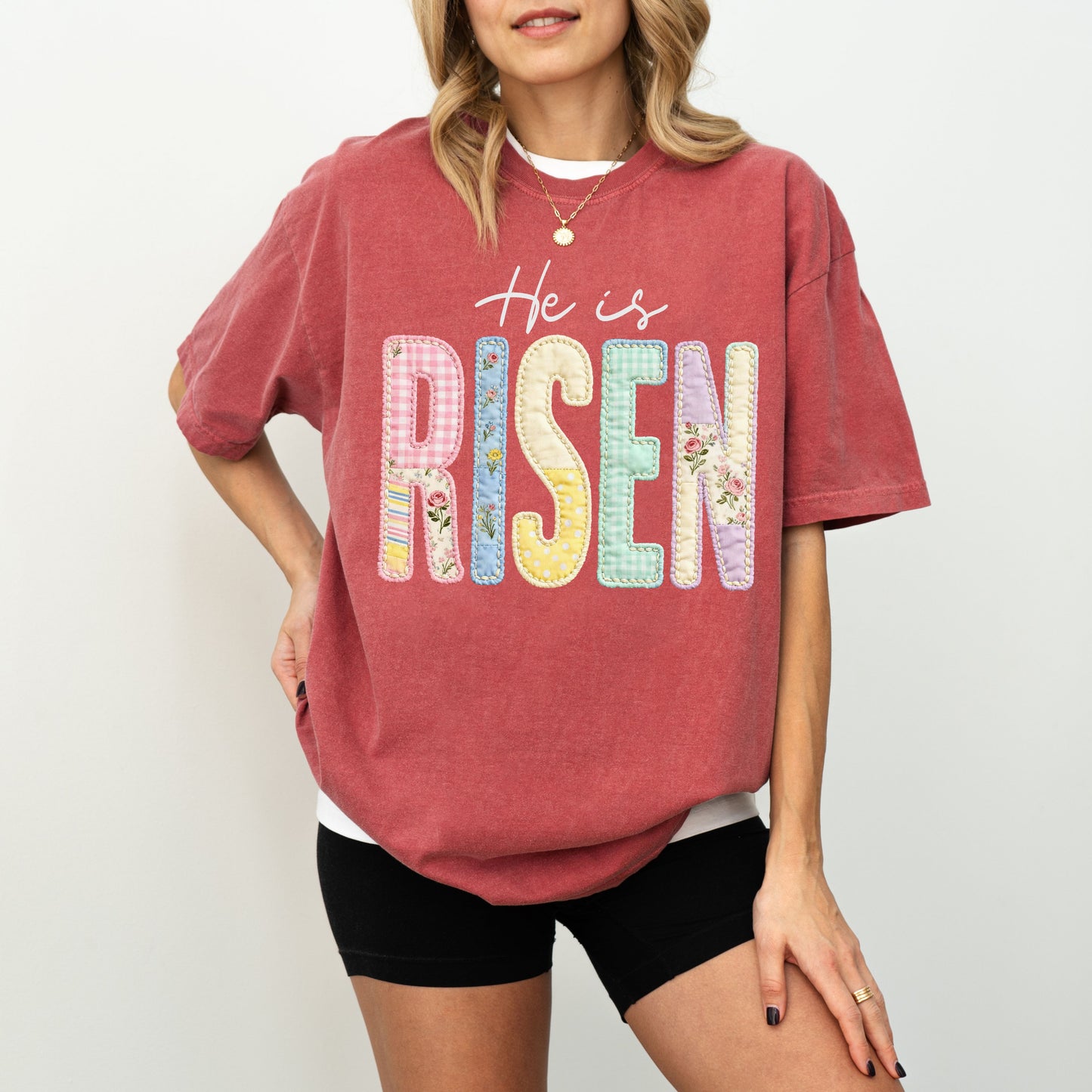 He Is Risen Easter T-Shirt, Christian Patchwork Faith Tee